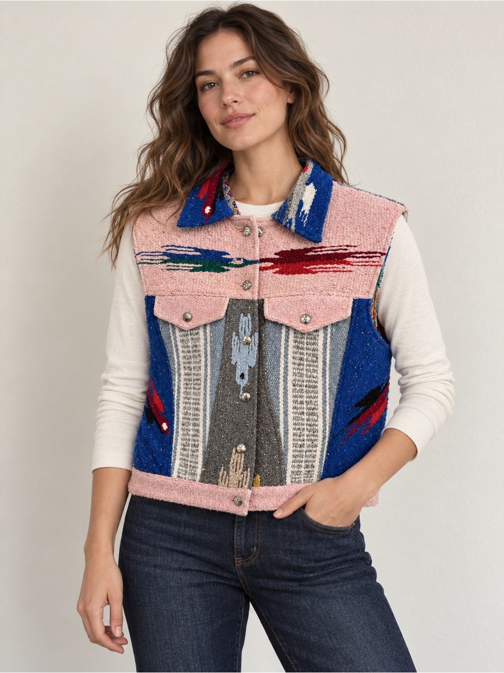 Vintage Gerard Woven Southwestern Vest, Pink & Blue M Tapestry Western Aztec